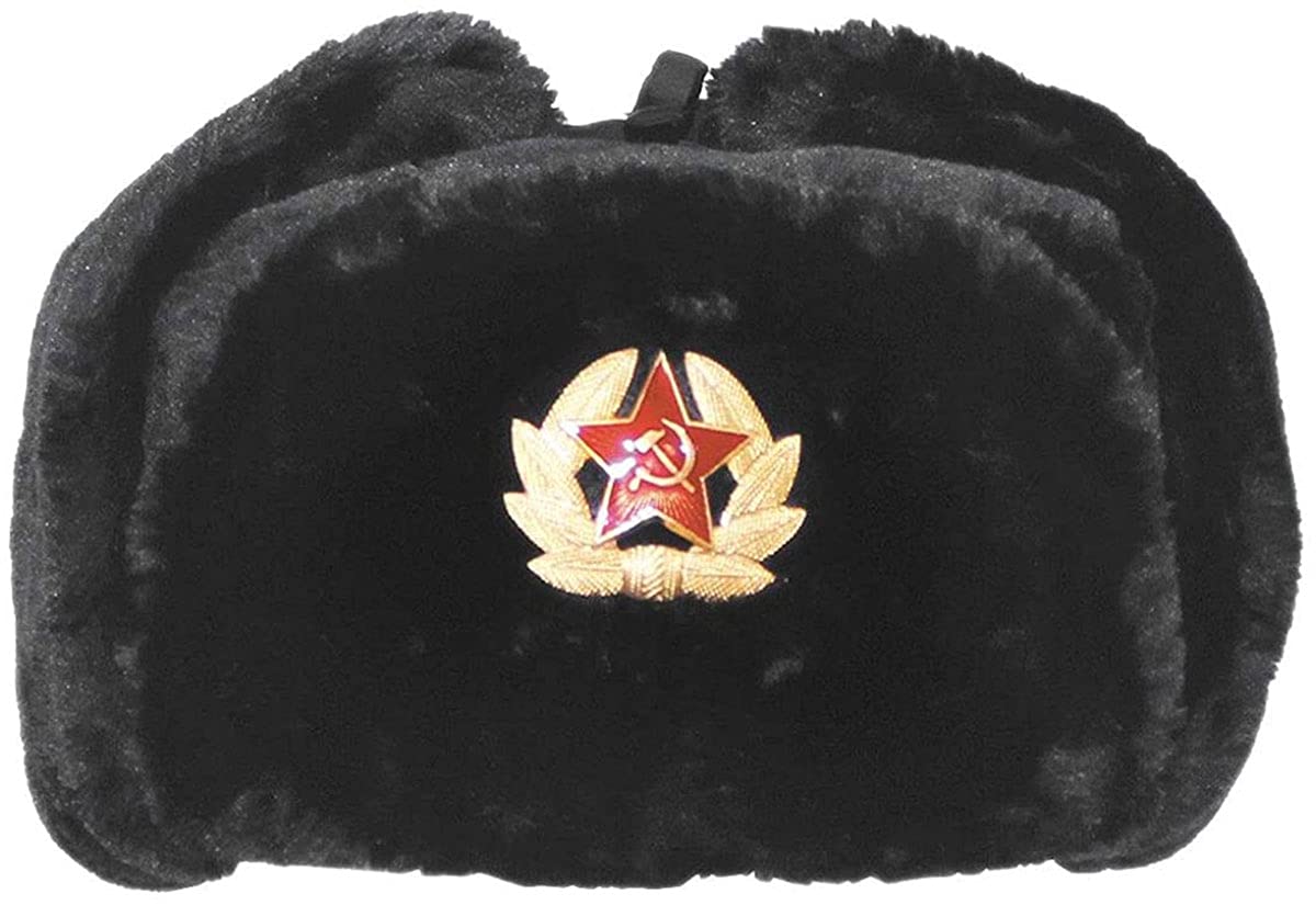 Russian Trapper Hat with Badge One Size Faux Fur Ushanka-Cossack Ear Flaps Hat Warm Winter Hat Cap