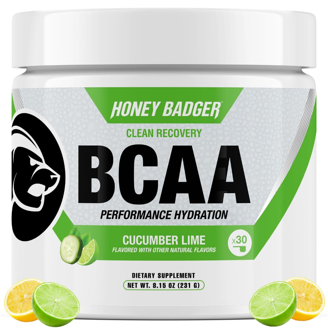 Honey Badger BCAA + EAA Amino Acids Powder, BCAAs + L-Glutamine, Keto, Vegan, Sugar Free for Men & Women, Hydration & Post Workout Muscle Recovery Drink Mix, Cucumber Lime, 30 Servings