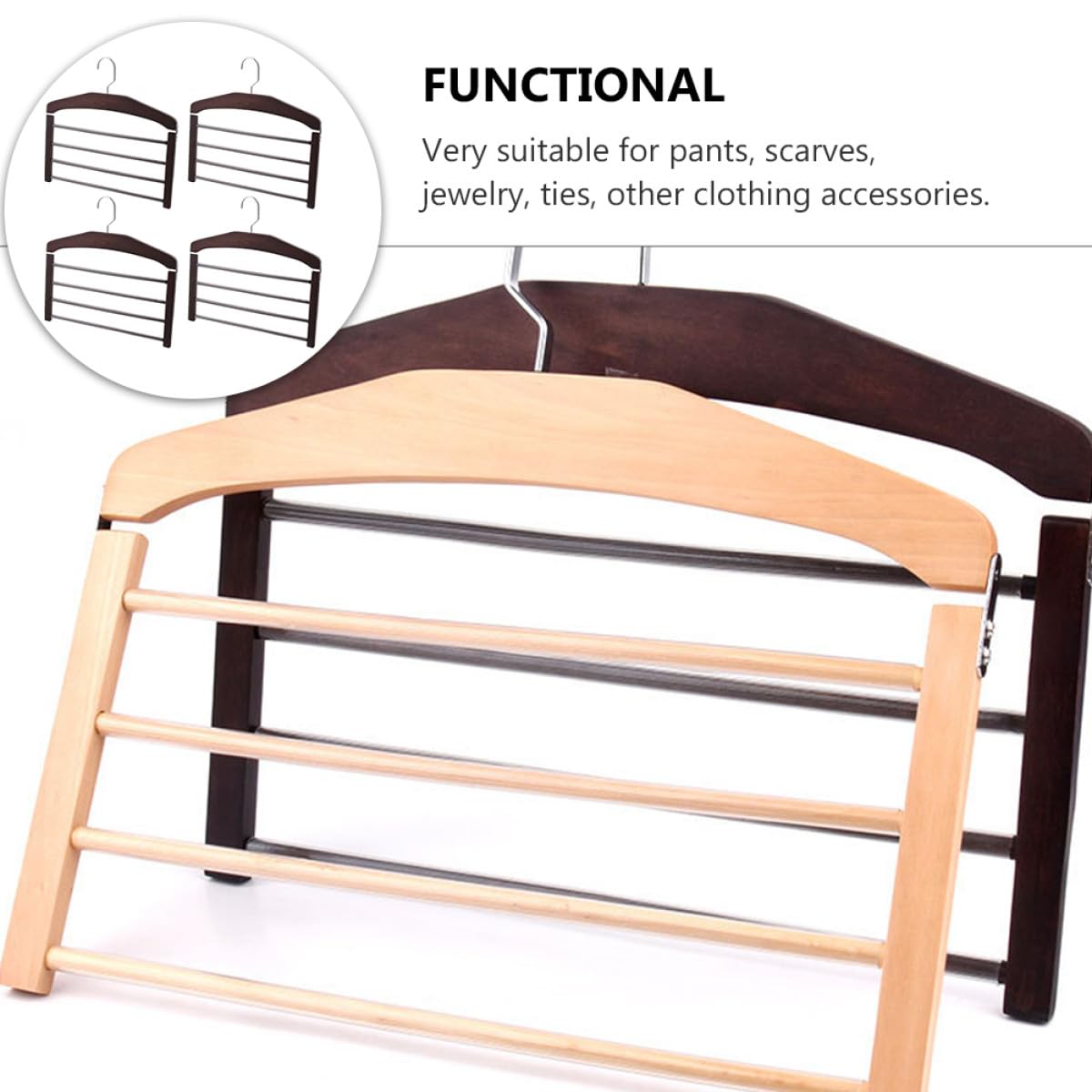Perchas de Madera para Ropa y Pantalones, 4 Unidades Multifuncionales Sistema Antideslizante, Aptas para Colgar y Secar en Espacios Reducidos