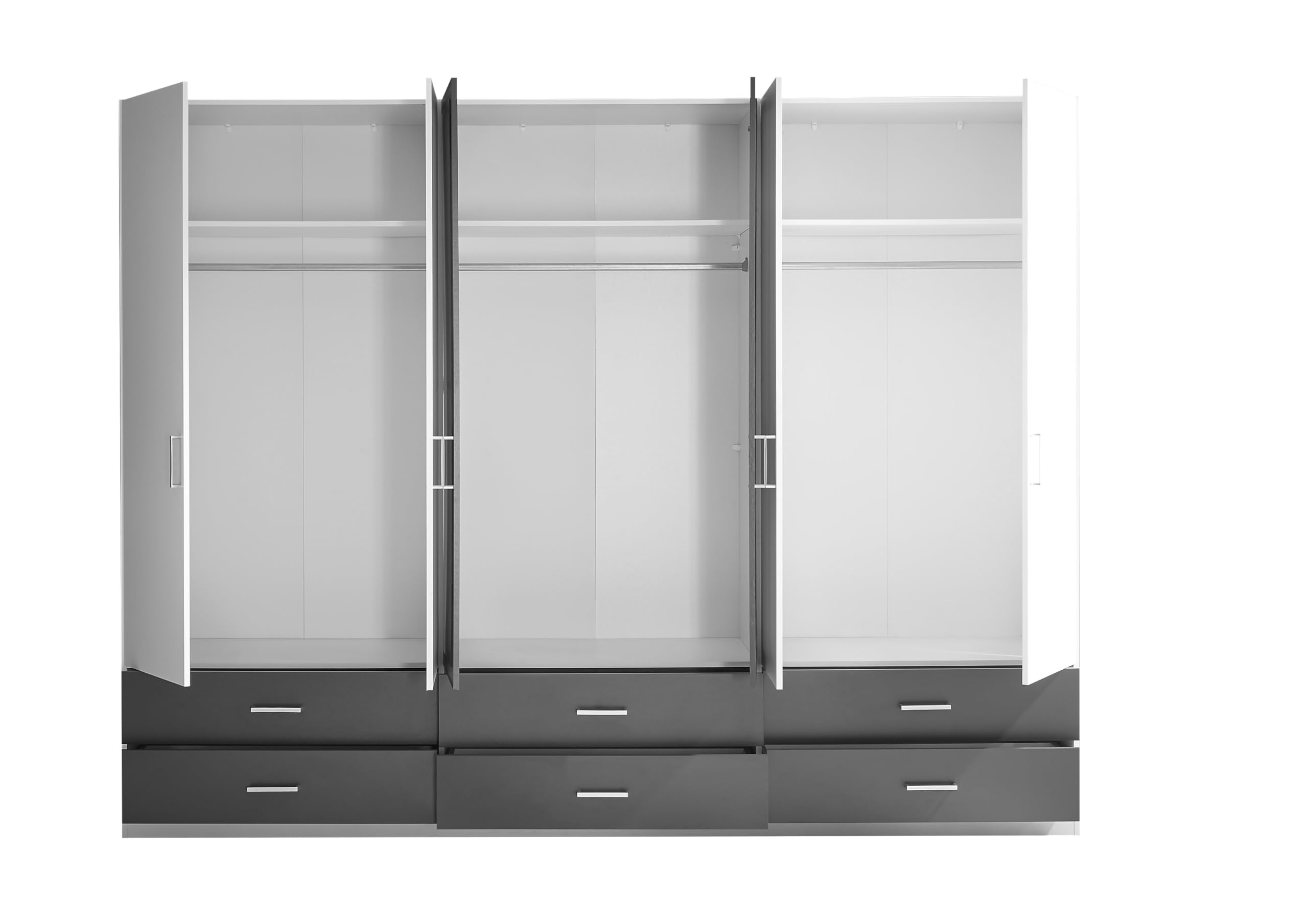 AVANTI TRENDSTORE Lambrugo - Armadio a 6 ante battenti, di cui 2 con specchio e 6 cassetti, in legno laminato di colore bianco/grafite. Misure ca. LAP 272x211x55 cm.