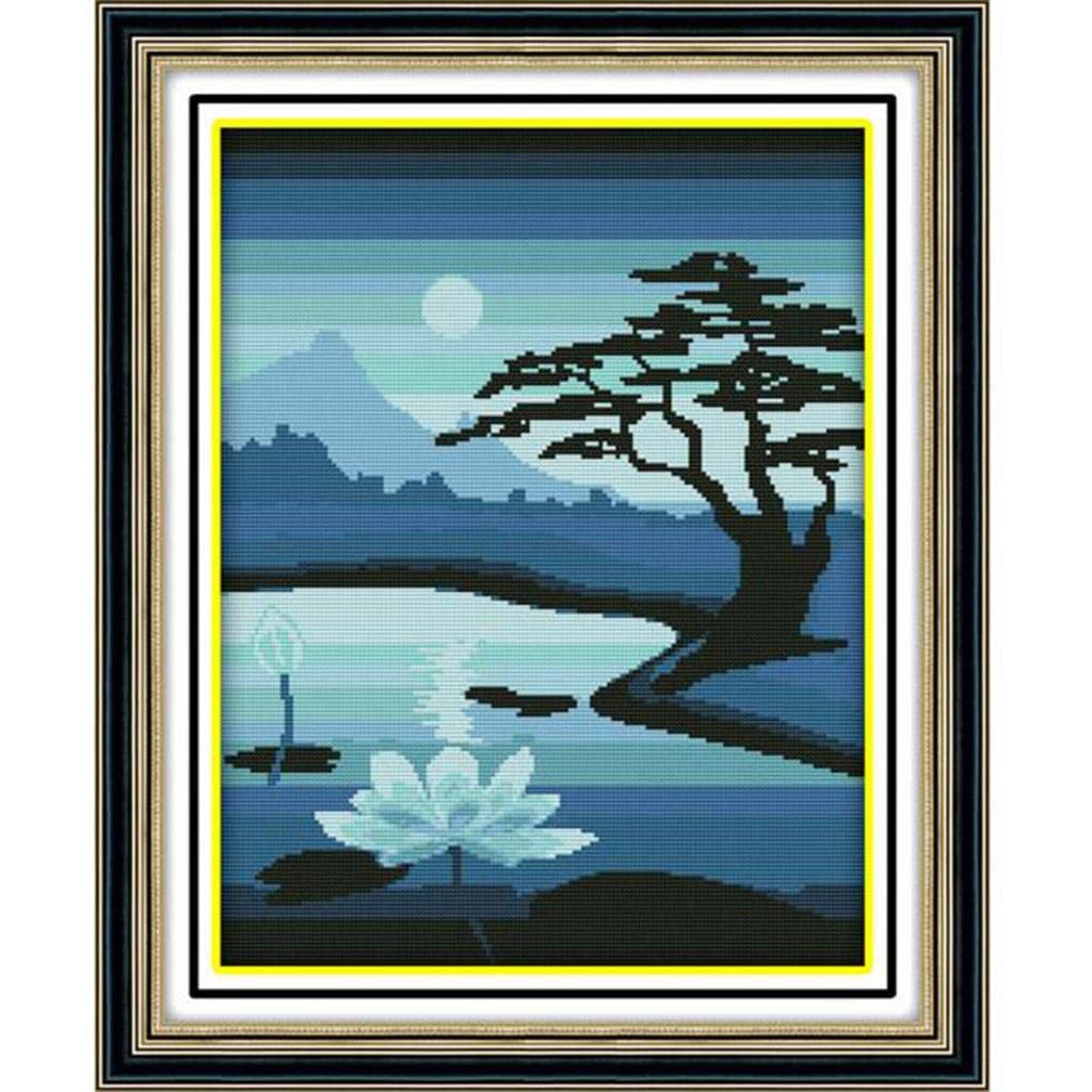 Stamped Cross Stitch Kits 11CT Needlework Kits - Moonlight Over Lotus Pool| Embroidery Cloth, pre-Sorted Thread, 2 Needles, Instructions and Drawings.|Cross Stitch Kits-image-12
