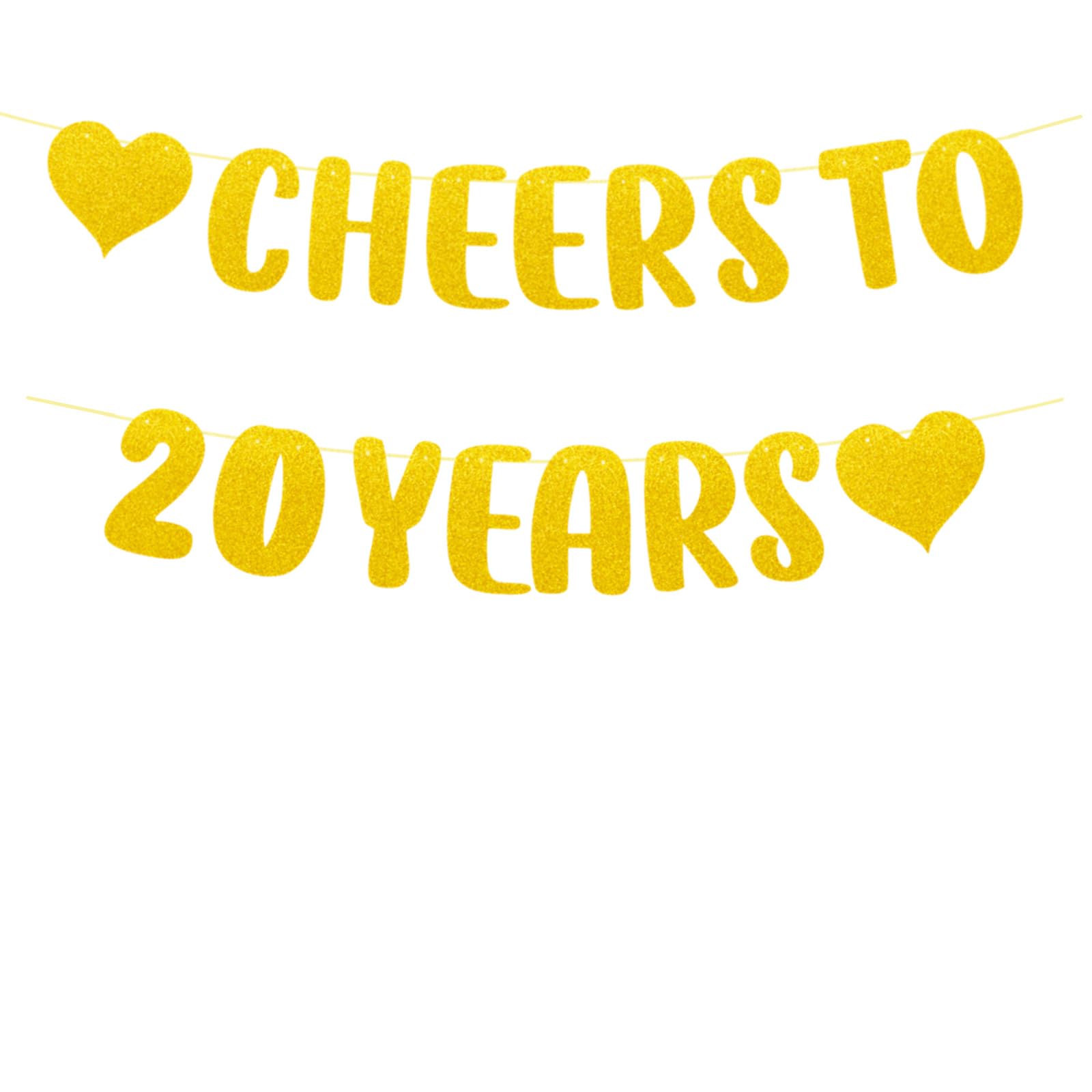 bng-bng Cheers to 20 Years Gold Glitter Banner 20th Wedding Anniversary Happy 20th Birthday Bunting Party Decorations Golden
