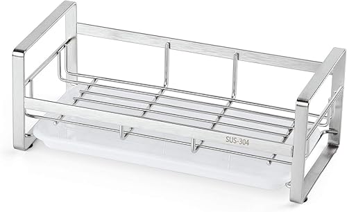 Miniatura 7 de FANGSUN Soporte grande para esponja de cocina, organizador de fregadero, soporte de jabón para cepillo de esponja con bandeja extraíble, no incluye