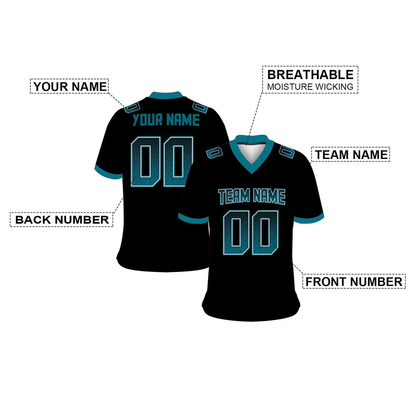 Custom Football Jersey for Men Women Youth Mesh Plain Athletic Football Shirts Personalized Team Name Number Sports Fan Gift Black-Aqua