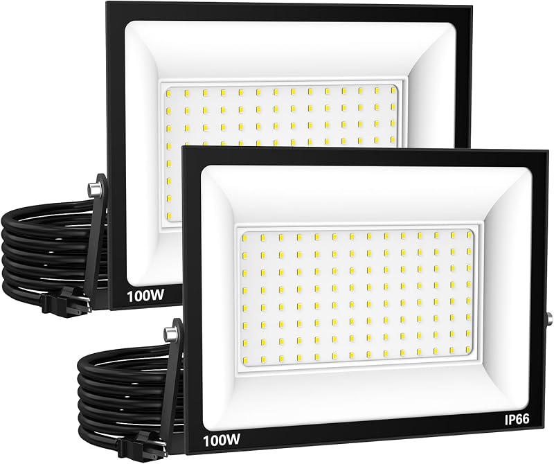 Zelvia LED Flood Lights Outdoor for Yard Work -100W 10000lm Super Bright LED Work Light with US Plug,6500K Daylight White Floodlight,IP66 Waterproof Security Outside Lights for Garage Stadium -2 Pack