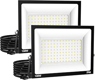 Zelvia LED Flood Lights Outdoor for Yard Work -100W 10000lm Super Bright LED Work Light with US Plug,6500K Daylight White Floodlight,IP66 Waterproof Security Outside Lights for Garage Stadium -2 Pack