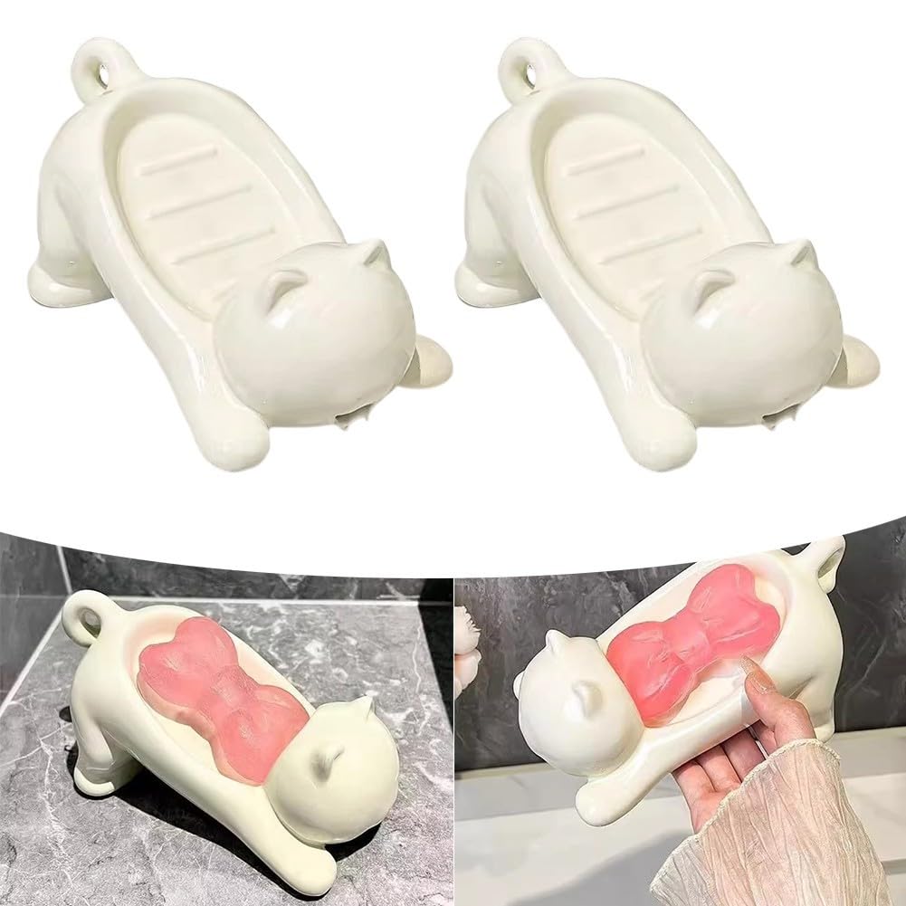 ROMISBABA Joli porte-savon en céramique – Porte-savon en forme de chat avec trou de drainage auto-drainant, porte-éponge auto-drainant, plateau de bar ou douche, salle de bain, baignoire, évier de
