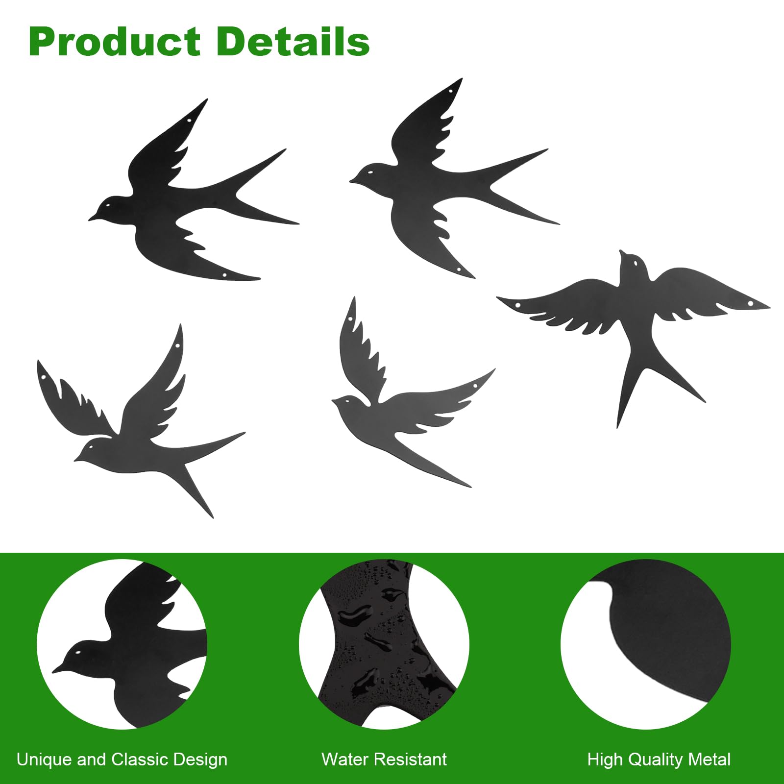 YunBey 5 Silhouettes Hirondelles Métal | Silhouettes noires en métal, oiseaux volants. Idéales pour salon, jardin et extérieur
