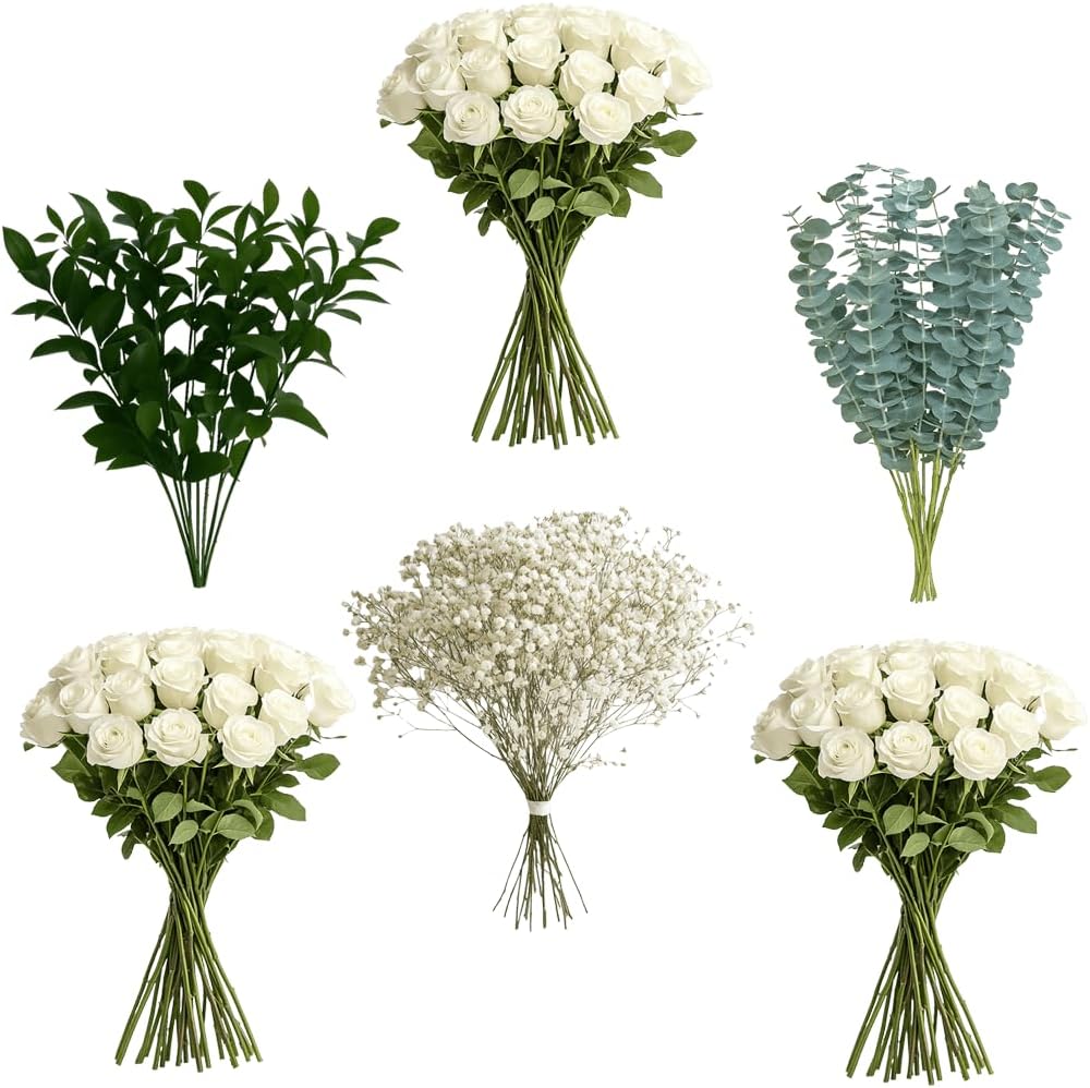 GlobalRose 75 White Roses with Baby’s Breath, Ruscus & Eucalyptus | Bulk Fresh Flowers for DIY Arrangements, Events, or Gifts