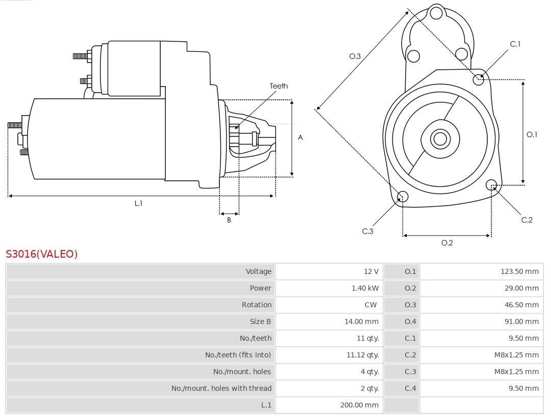 AS-PL S3016 (VALEO) Starter moteur/démarreur