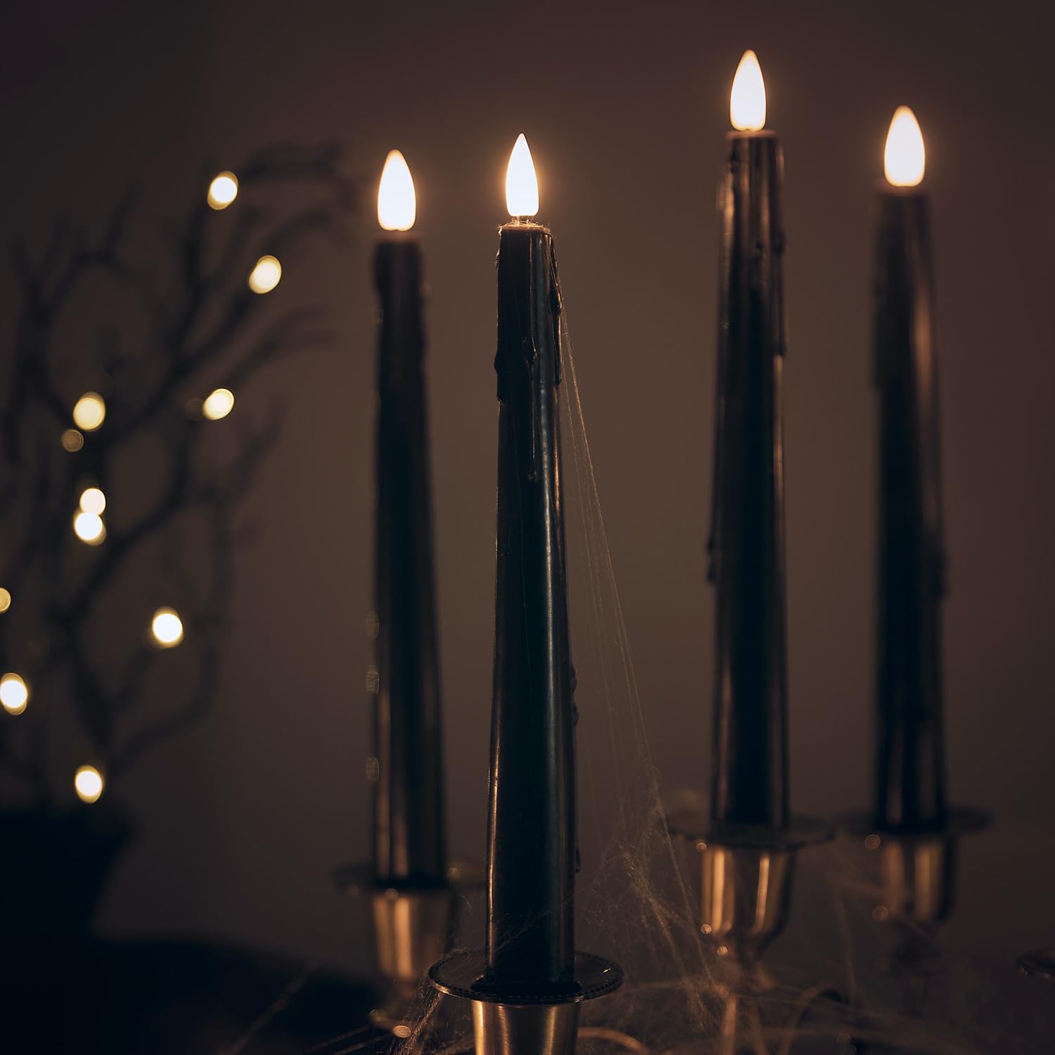 Lights4fun 4 Black Dripping Real Wax TruGlow® Battery LED Flameless Halloween Taper Candles Timer Indoor Use