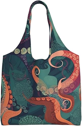 Bolsas de lona con estampado abstracto de pulpo, bolsa de playa grande, bolsa de hombro de lona, bolsas de compras reutilizables, Negro -
