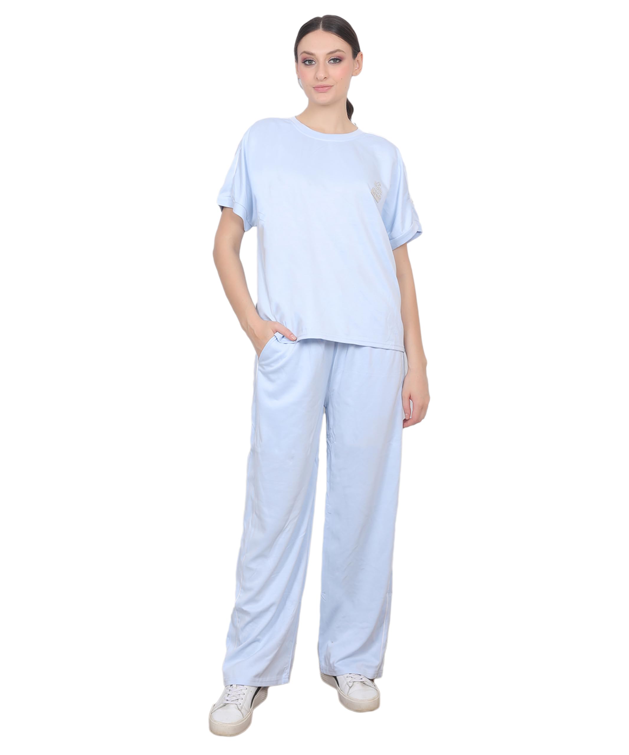 Women Solid Oversized T-Shirt with Wide Leg Track Pants Co-Ord Set (IN, Alpha, XL, Regular, BLUE)-image-25
