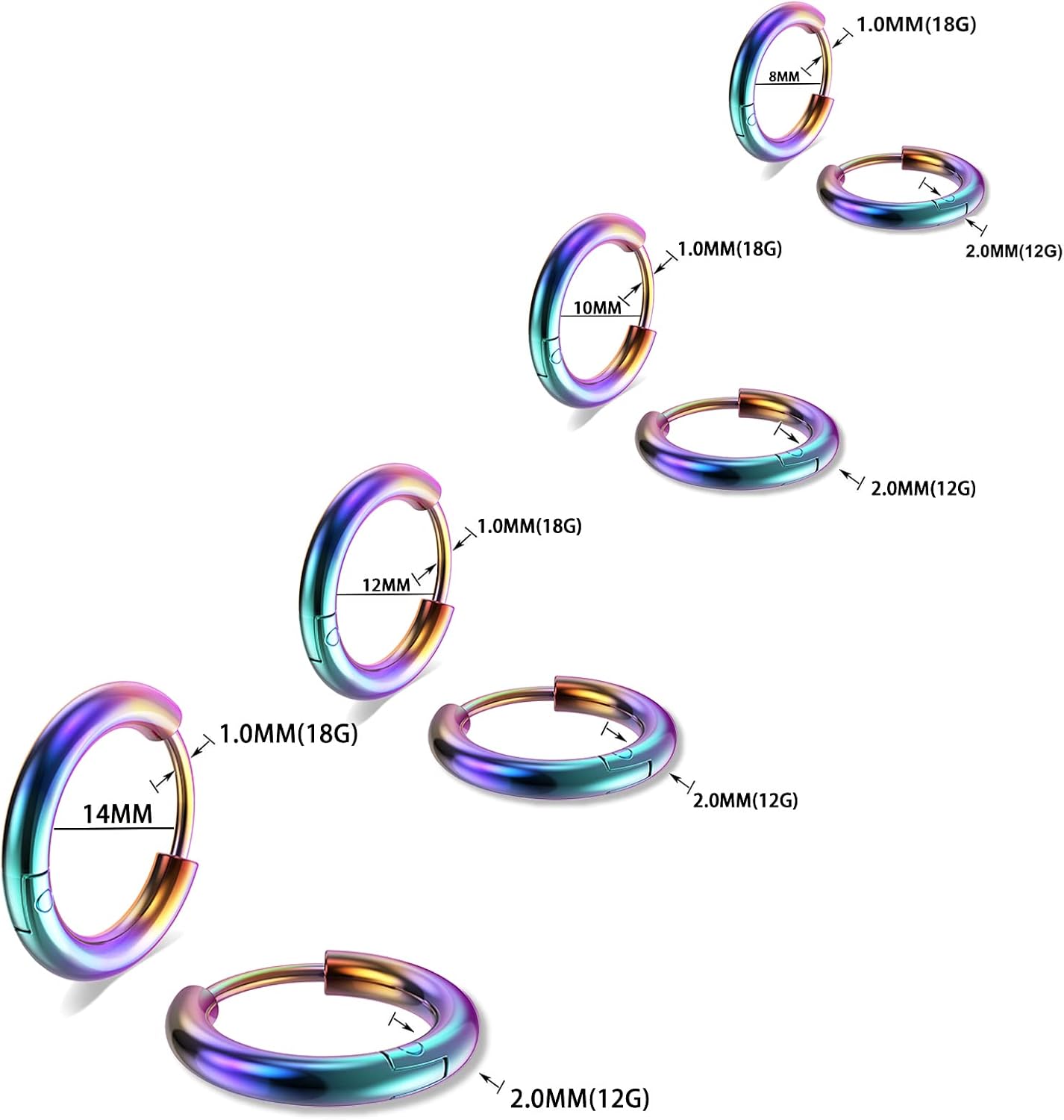 316L Surgical Stainless Steel Small Hoop Earrings 8mm 10mm 12mm 14mm Hypoallergenic Huggie Hoop Earrings Helix Lobes Hinged Sleeper Earrings Cartilage Piercings - Image 2