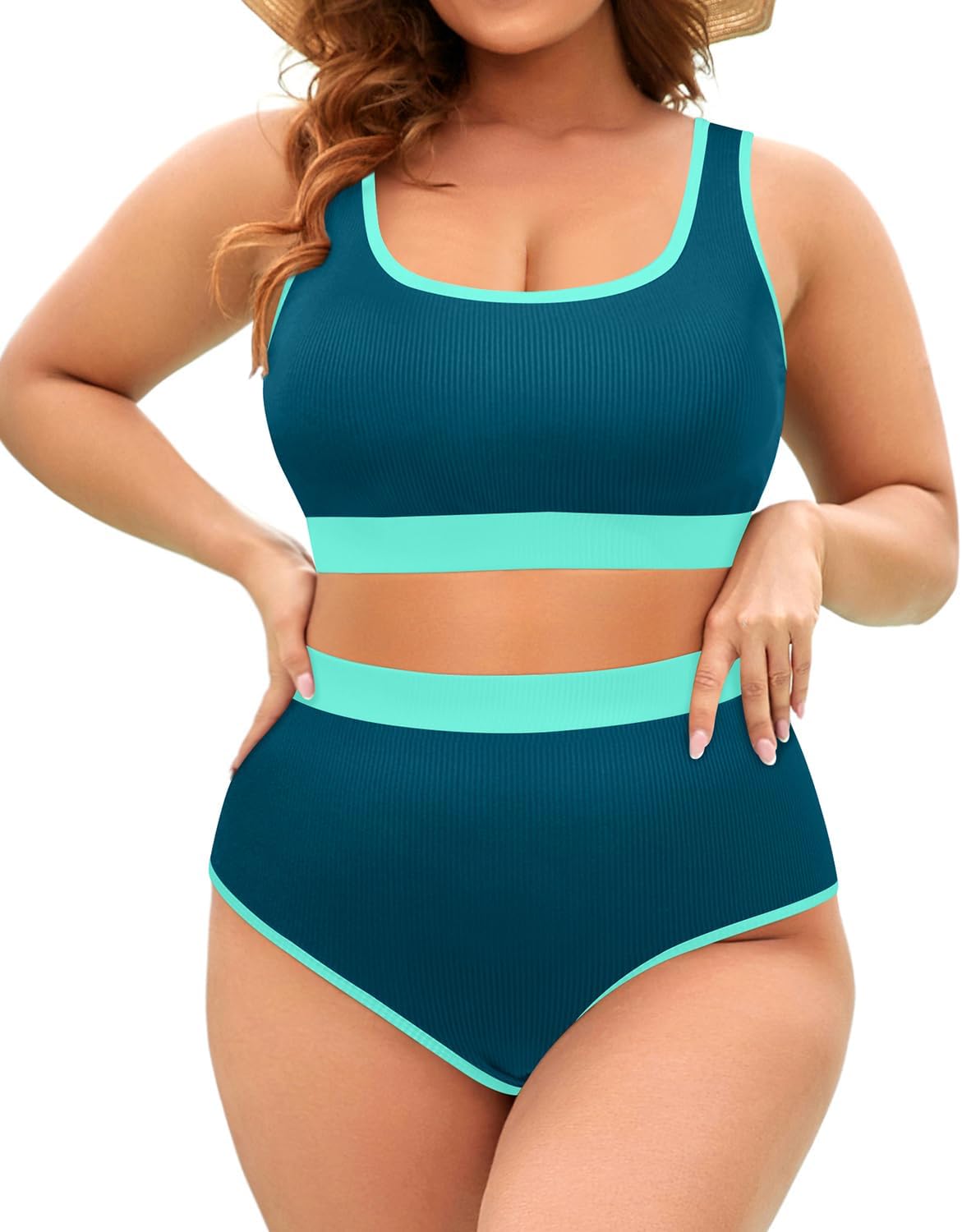 Tempt Me Women Plus Size High Waisted Bikini Set Tummy Control Two Piece Swimsuit Full Coverage Sporty 2 Piece Bathing Suits 22 Plus Teal Green