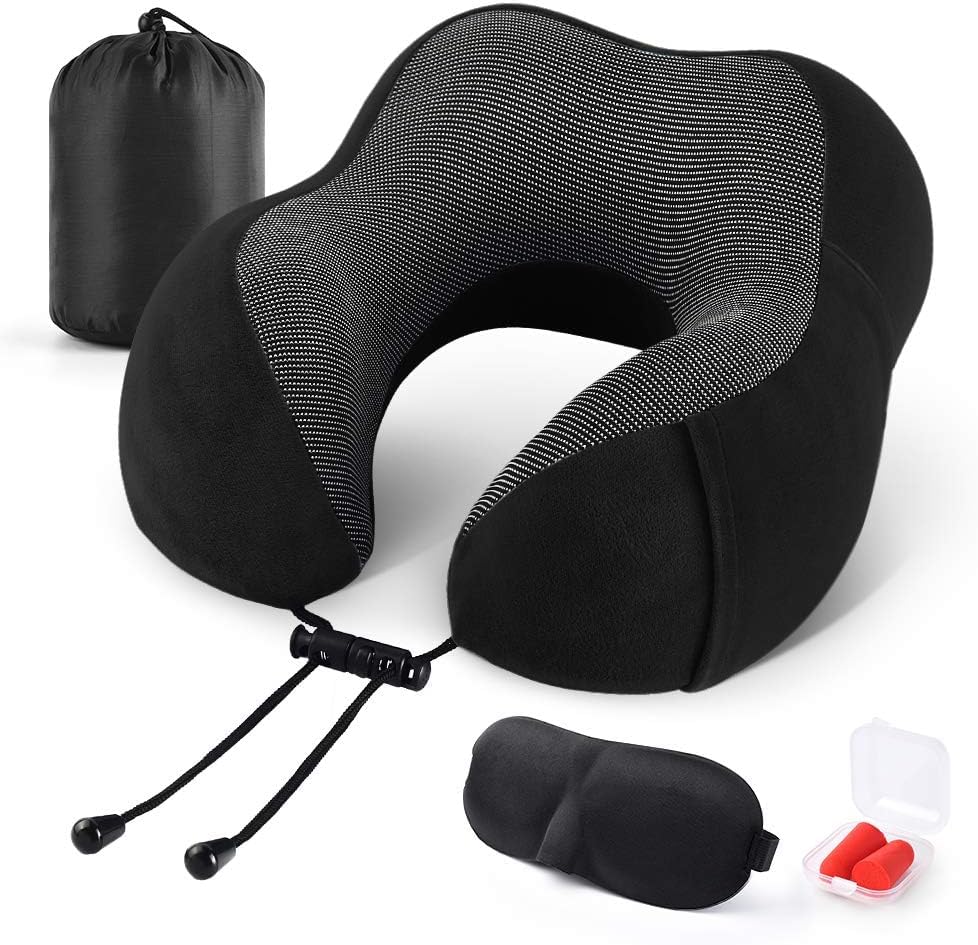 XVersionXVersion Travel Pillow 100% Memory Foam Pillow, Neck Pillow for Airplane, Neck & Head Support Pillow for Sleeping Rest & Car, Travel Pillows Kit with Storage Bag, Sleep Mask and Earplugs (Black)