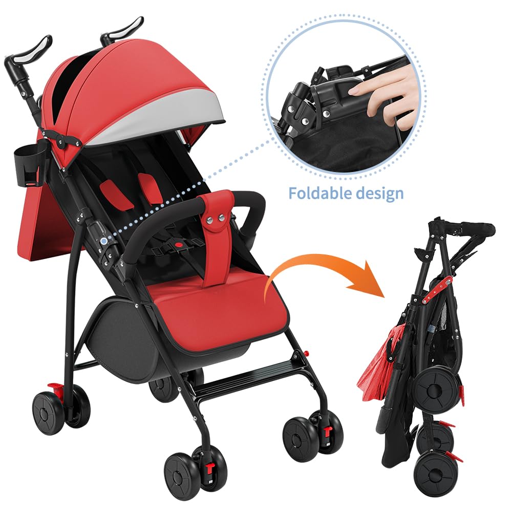 Poussette Légère et Compact, Ultra Légère, Inclinable, Position Landau, Pliage Parapluie, Canopy Ajustable - de la Naissance à 22 Kg,Coussin en coton + moustiquaire, rouge