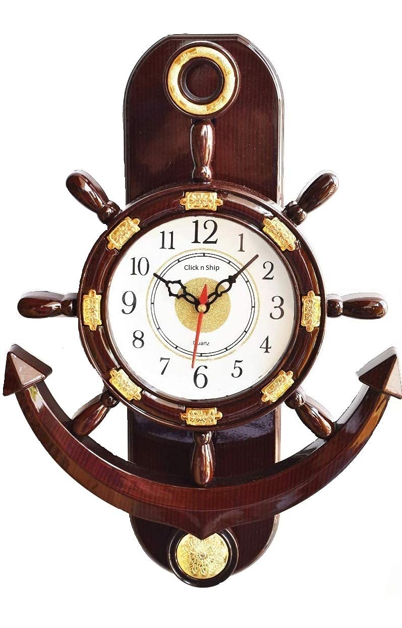 Click n ship Pendulum Plastic Wall Clock for Home (Size 36cm 27cm 7cm) (Brown, Small) (Brown)