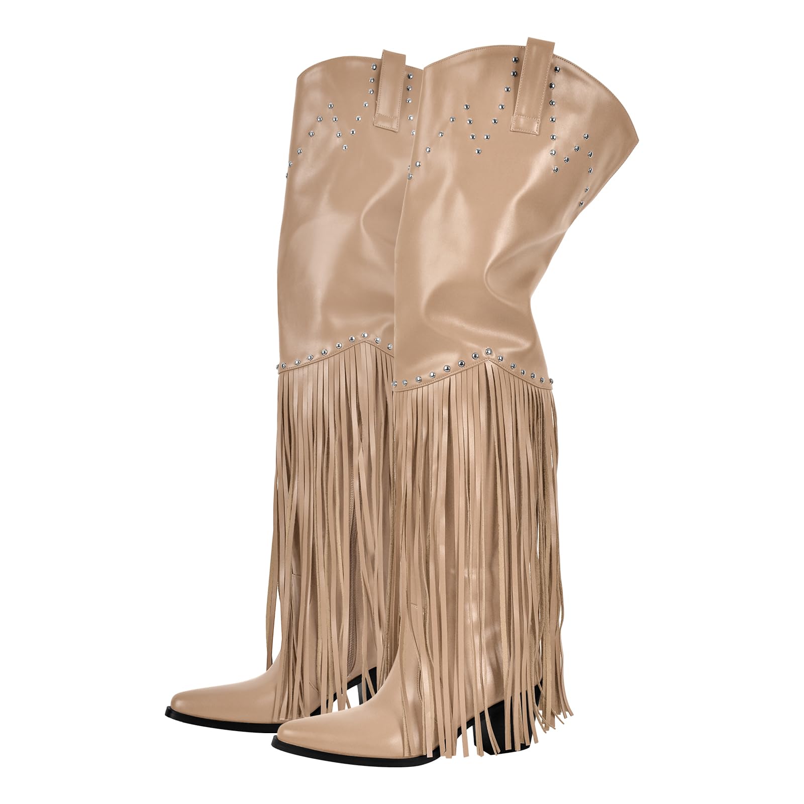 richealnini Western Thigh High Cowboy Boots with Fringe Over Knee Wide Calf Cowgirl Boots