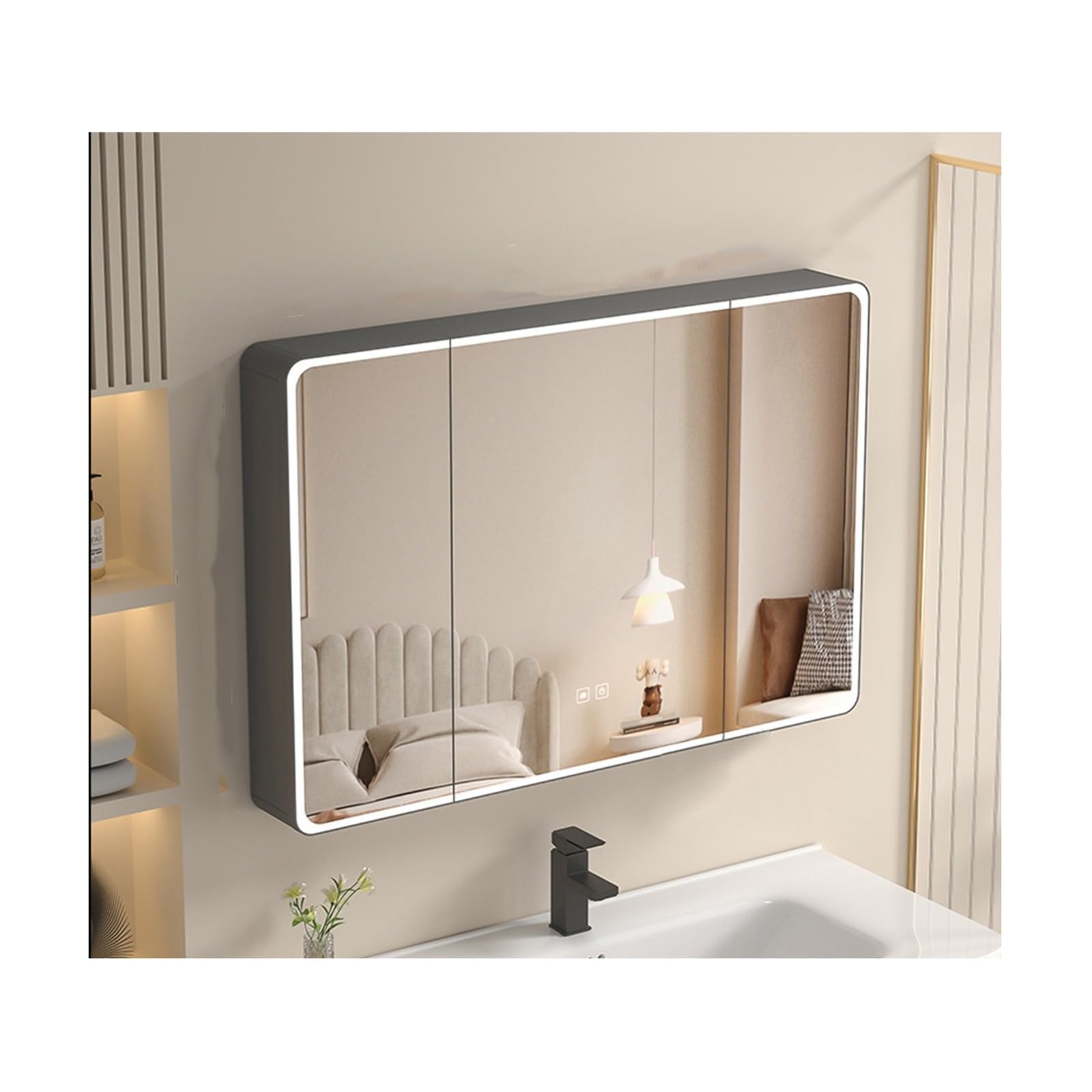 BKSXSOP 90cm Wall-Mounted LED Bathroom Mirror Cabinet with Adjustable Shelf & Mirrored Door - Stylish Khaki Vanity Storage Solution for nized Bathrooms