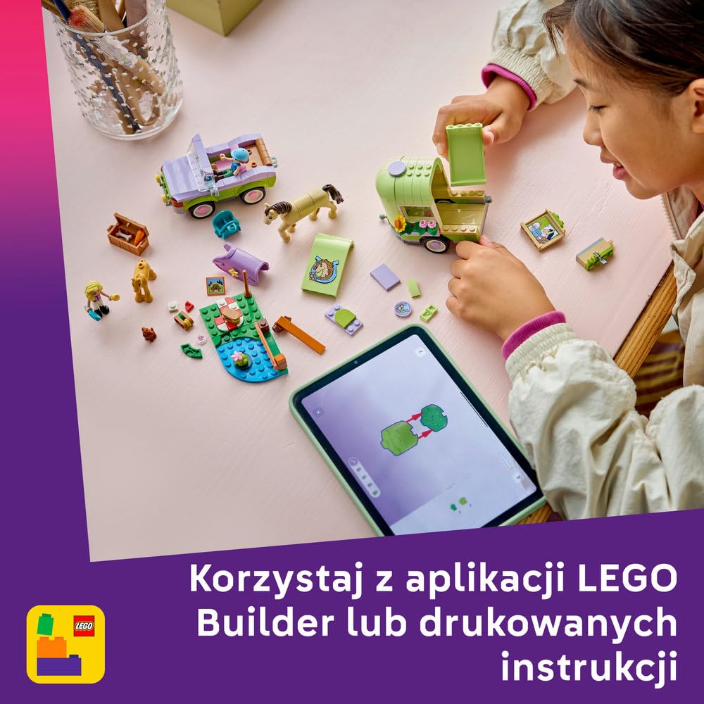 LEGO Friends Przyczepa z koniem i źrebaczkiem, zabawka dla dzieci z 2 minilaleczkami i figurkami zwierząt, kreatywne klocki na prezent dla 7-latki, dla dziewczynki, chłopca, miłośniczki koni 42695
