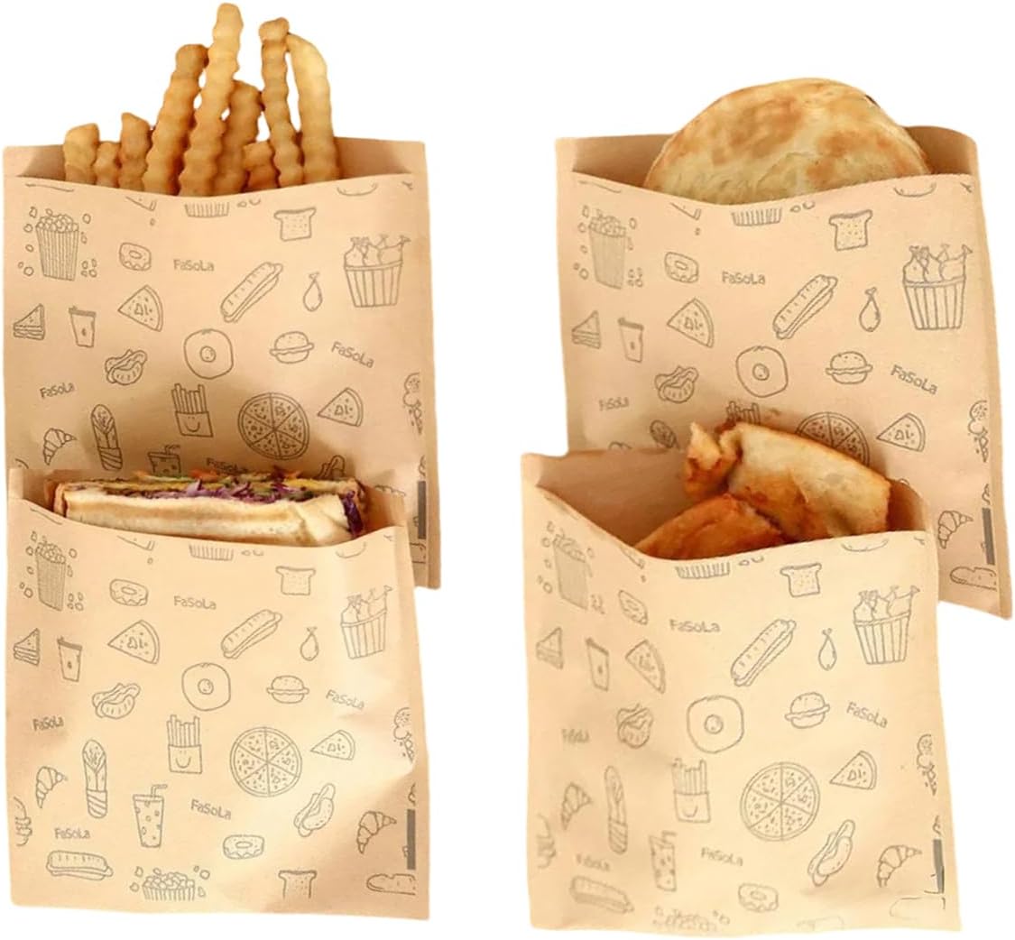50-pack Greaseproof Kraft Paper Bag Disposable Food Packaging Bag Disposal Open-Ended Bakery Bags for Cookies (7.9X8.3)