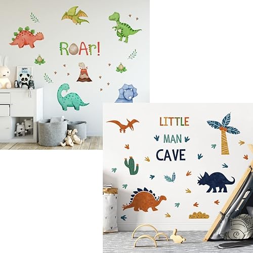 Mfault Calcomanías de pared con huellas de dinosaurio para niños, diseño de cueva de hombre pequeño, calcomanías de despegar pegar, dinosaurio,