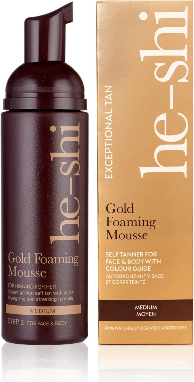 He-Shi Self Tan Gold Mousse Instant Tan - Bronzing n Natural Fake Ta Glow - Fast Drying No Smell Tan - Vegan & Cruelty-Free - - Buildable Sun-Kissed Fake Tan