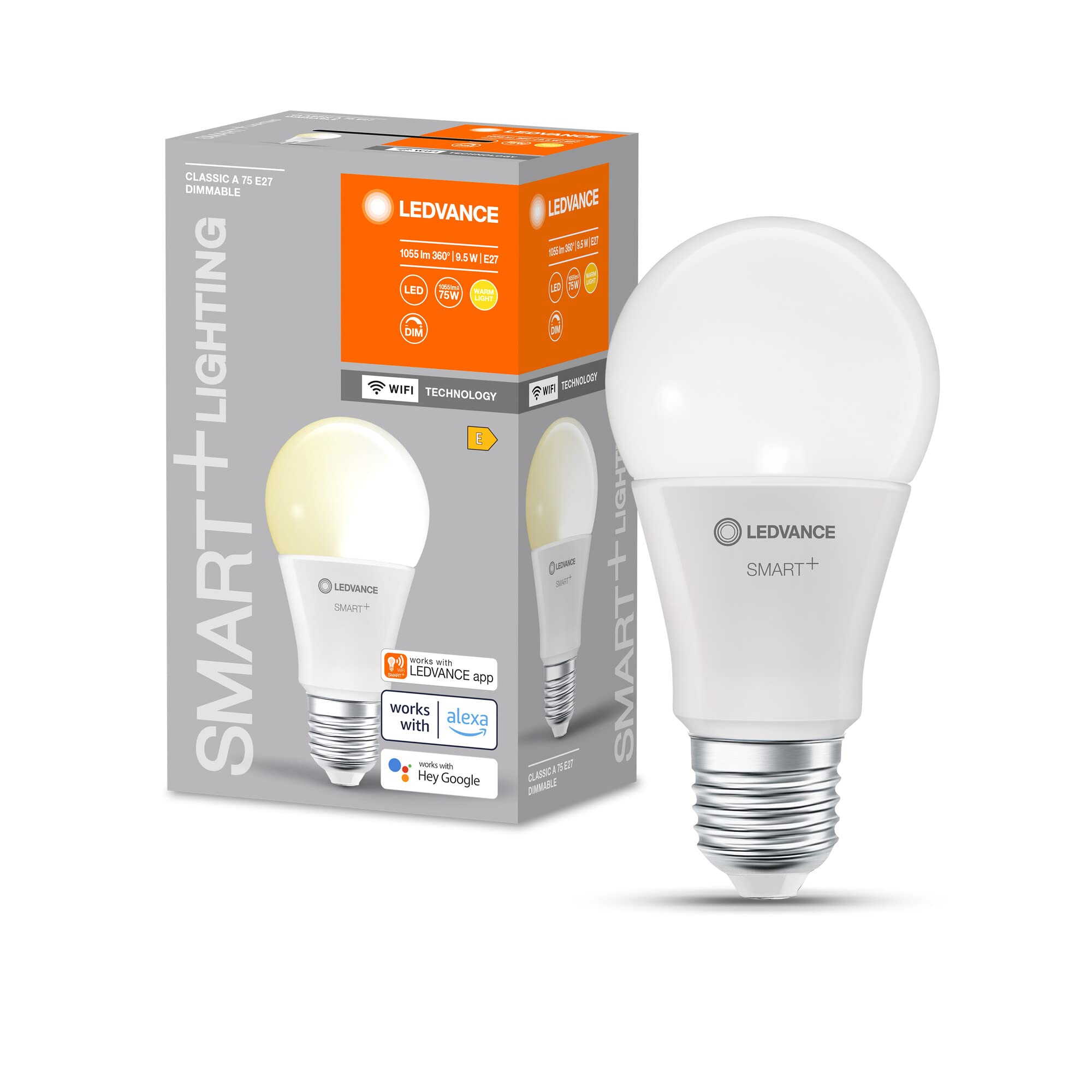 LEDVANCE SMART+ Lampa LED WIFI, matowa, 9,5 W, 1055 lm, kształt żarówki z trzonkiem E27, ciepłe białe światło przy 2700 K, możliwość przyciemniania, sterowanie przez aplikację lub głos, 4 szt.