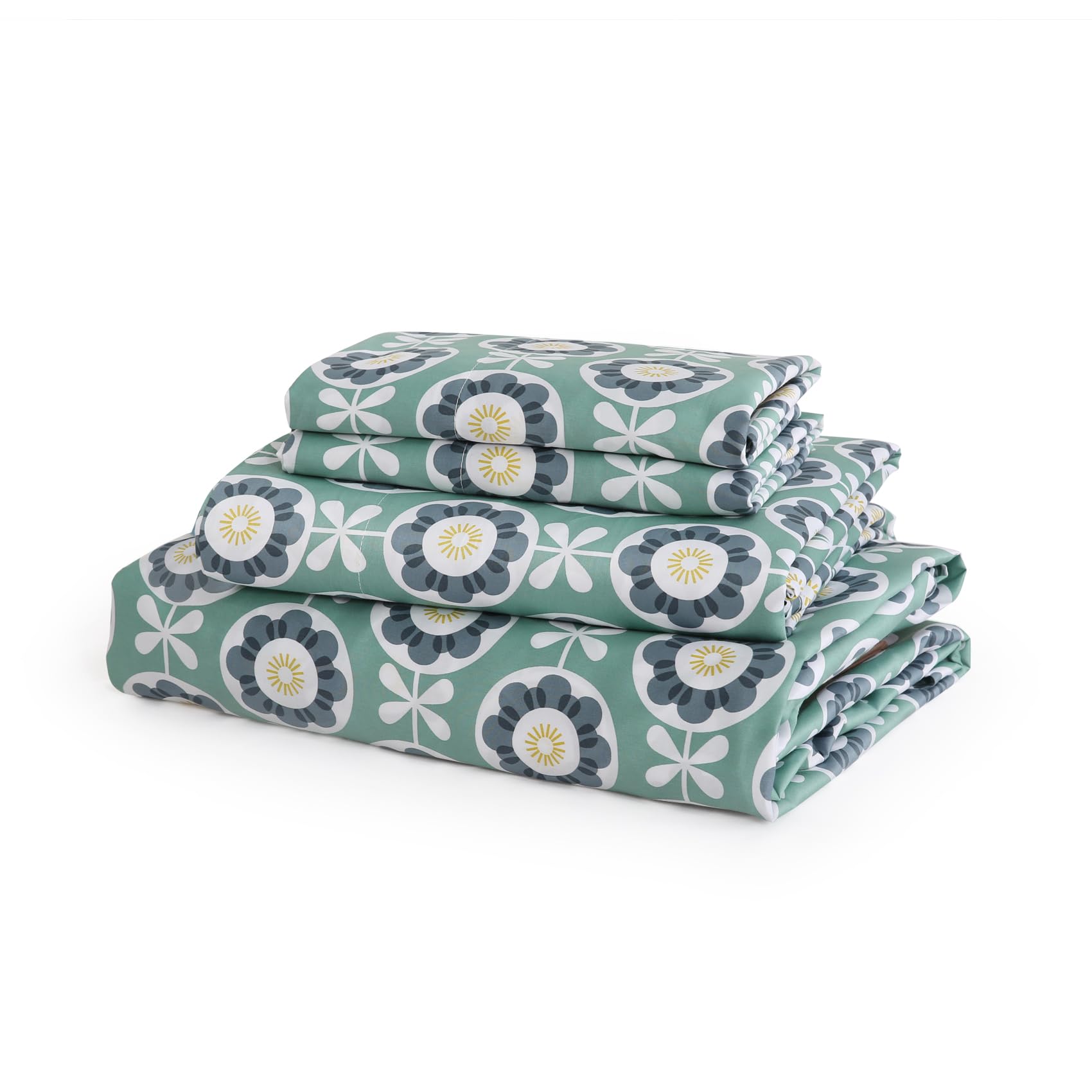 JSD Green Floral Cotton Sheet Set Queen 300 Thread Count Printed Sateen Sheets Soft Breathable Cooling Bed Sheets