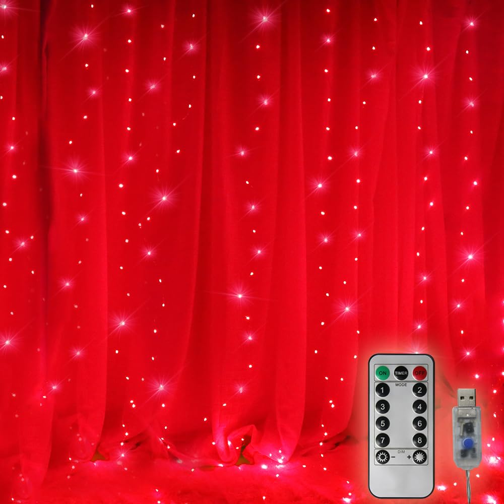 300 LED Curtain Christmas String Lights, Backdrop Fairy Lights With Remote Control USB Power 8 Lighting Modes Window Red Lights for Bedroom, Home,