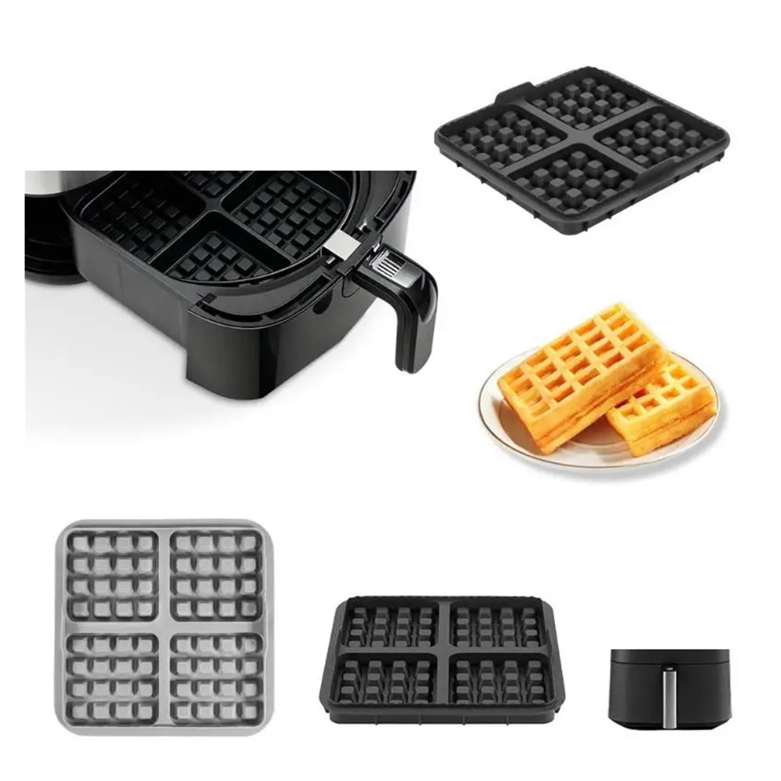 Air Fryer Waffle Mold, Reusable Silicone Baking Mat for Dual Basket Models, Non-Stick & Easy Clean, 1/2Pcs(Black2pcs)