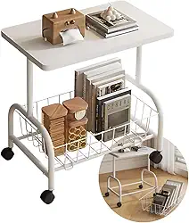 Mesa Lateral Auxiliar com Rodinhas e Cesto Organizador Removível 43x30x57cm de Ferro e MDF - Mesinha de Apoio Móvel Multiuso para Café, Decoração ou Notebook | Sala, Quarto e Escritório - Branca