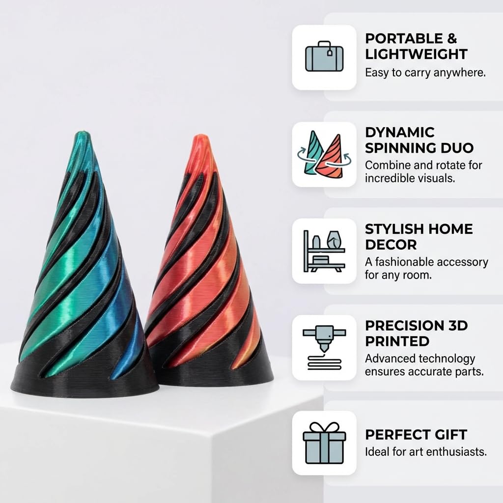 2 Pcs 3D Printed Spiral Cone Fidget Toy,Impossible Pyramid,Spiral Fidgets,Kinetic Desk Toy for Stress Relief&Anxiety Relaxing,Home Office Desk Decoration and Gifts (Black Green+Black Red) - Image 3