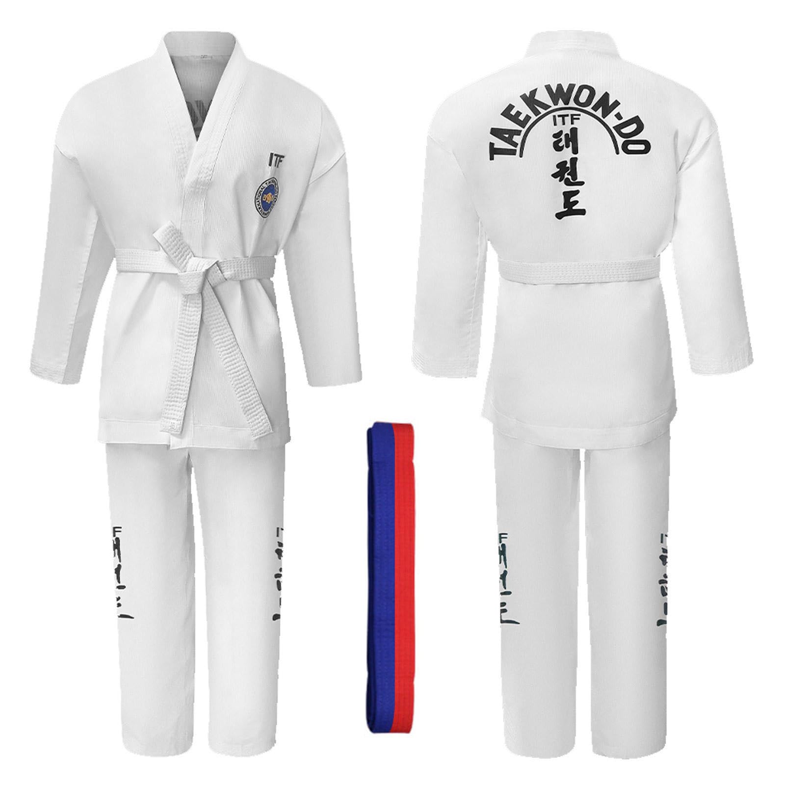 CHUIKUAJ Kimono de Karaté Gi pour Enfants, Uniforme de Taekwondo pour Adultes, Pantalon et Veste Légers pour étudiants, Uniforme d'arts Martiaux avec Ceinture Gratuite,White-130