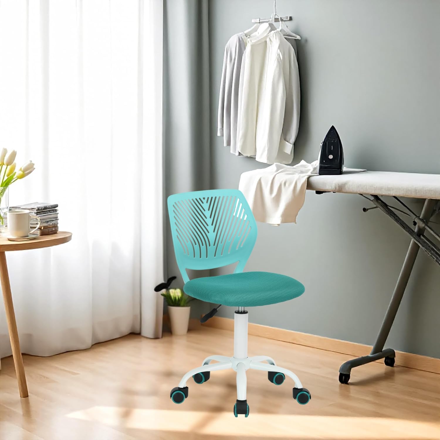 HOMYLIN 1 Piece Ironing Chair with Wheels, Ergonomic Height-Adjustable Chair, Perfect for Ironing Scene, Laundry Room, Sewing Room, Turquoise