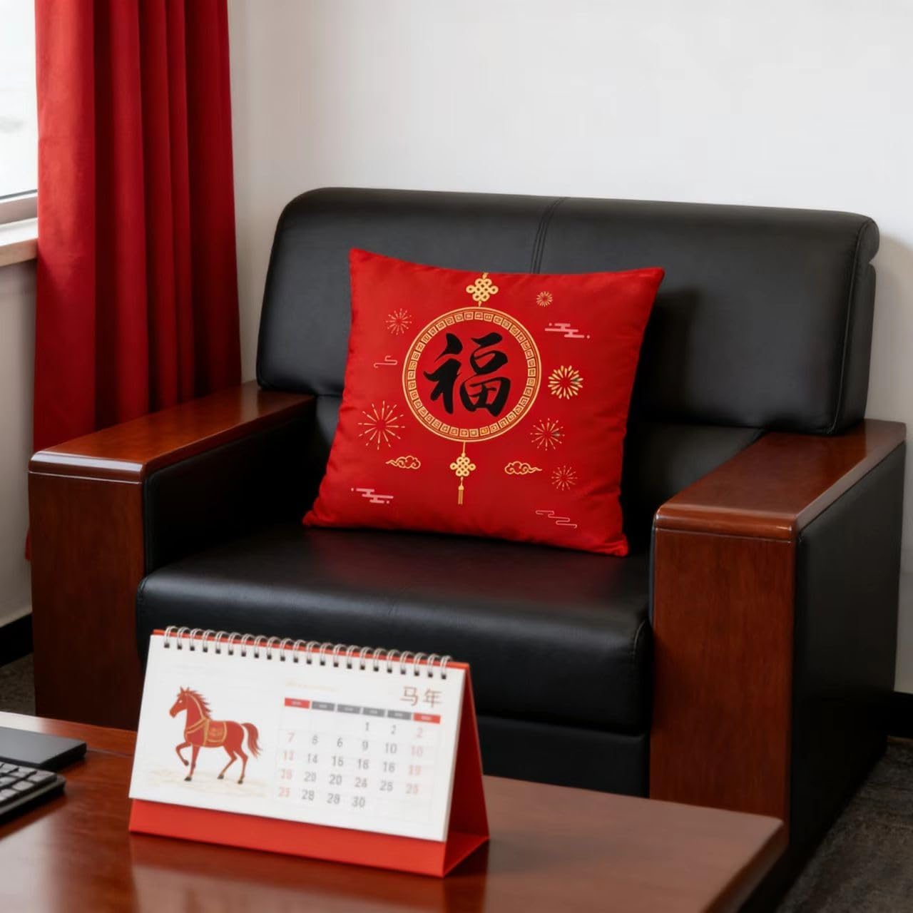KYMY 2026 Chinese New Year Cushion Covers – Set of 4, 17.5 x 17.5 Inch Fu Character Lucky Prosperity Spring Festival Lunar New Year Polyester Throw Pillow Covers for Couch Sofa Home Decor