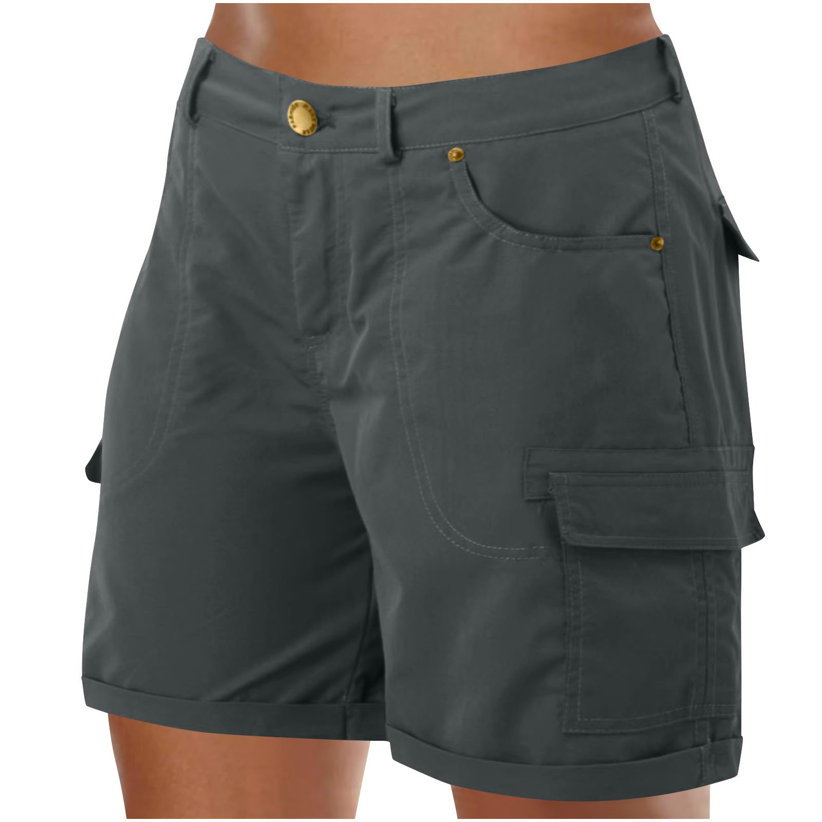Women's Cargo Shorts Summer High Waist Outdoor Hiking Short Pants with Pockets Loose Fit Button Bermuda Shorts(Dark Gray,XX-Large)