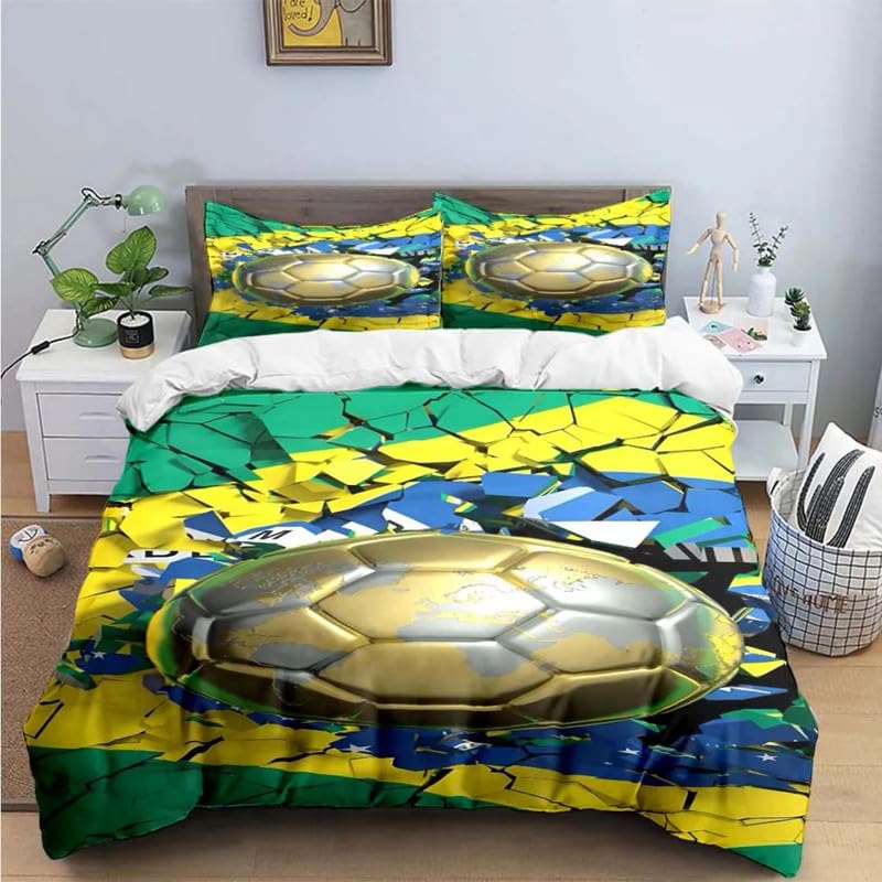 Housse de couette football cyan avec taie d'oreiller 65x65 pour lit enfant 90x190