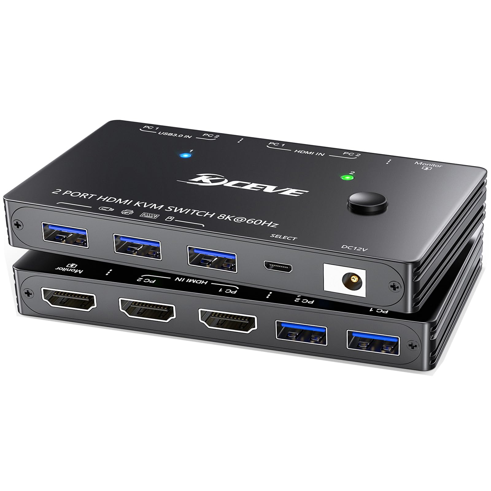 Conmutador KVM HDMI para 2 ordenadores, 1 monitor, 8K @ 60Hz/4K @ 120Hz Conmutador KVM para 2 PC, 1 monitor y dispositivos USB 3.0, con cables USB, controlador y adaptador de alimentación (HDMI