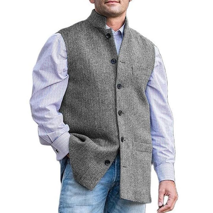VENNYNG Men's Herringbone Tweed Stand Collar Long Vest with 6 Buttons Waistcoat for Autumn 2025 Formal Casual Overcoat3