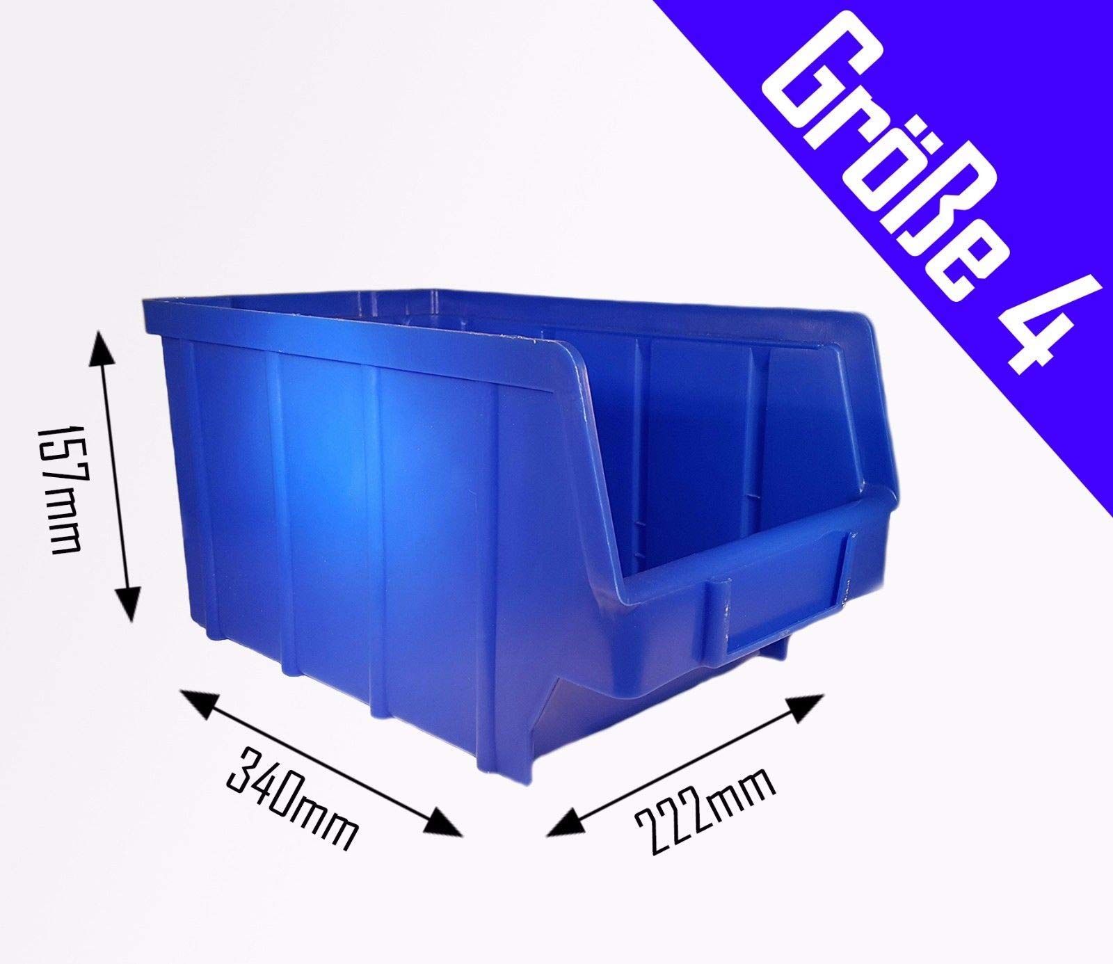 S&S-Shop 15 Stapelboxen Blau Gr.4, aus hochwertigem Kunststoff, mit Schildcheneinschub, Ordnungsboxen für Werkstatt, Kleinteile Organizer, Sortierbox für Schrauben & Werkzeug, Made in Germany