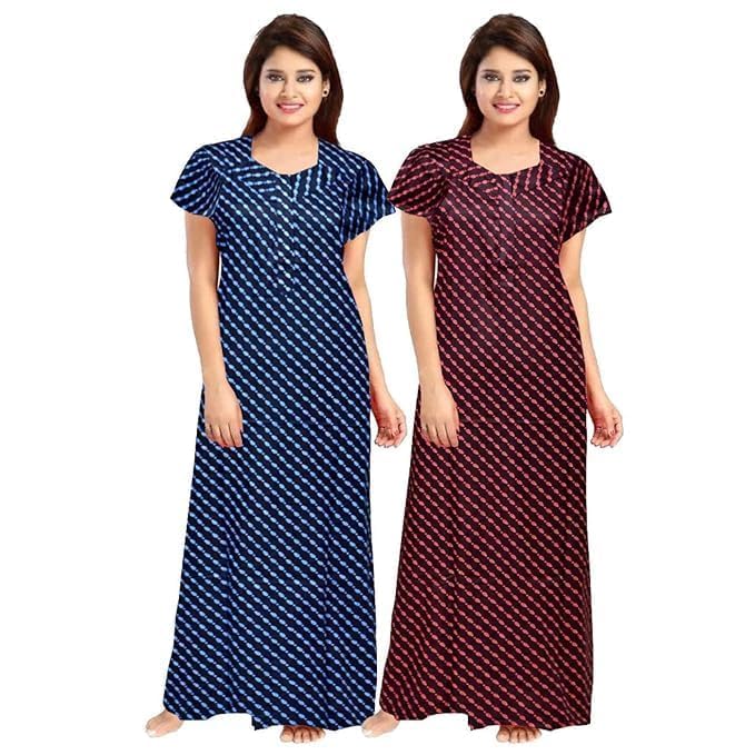 Image of NILOUFO Women's Cotton Printed Maxi Nighty - Pack of 2 | Soft Ankle-Length Sleepwear Gowns for Women | Free Size Night Dresses (Blue,Maroon, Free Size)