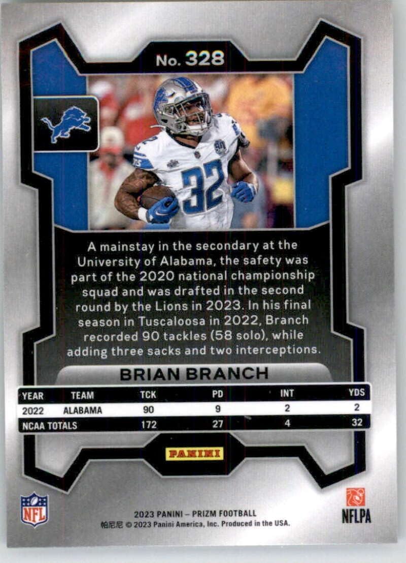 2023 Panini Prizm #328 Brian Branch RC Rookie Detroit Lions NFL Football Base Trading Card
