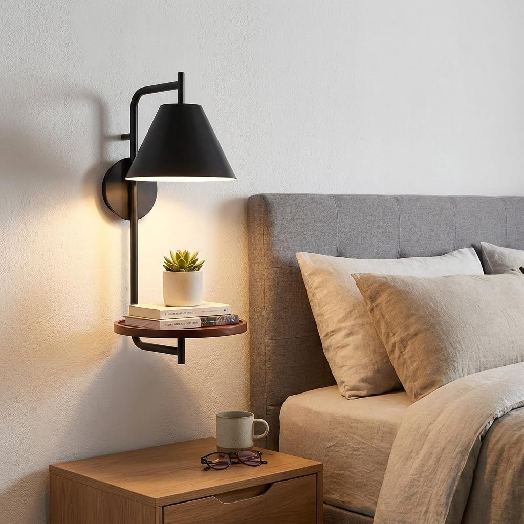 BARCELONA LED Bilon Innen-Wandleuchte E27 mit integriertem Holzregal, moderne Wandlampe in Schwarz Matt für Schlafzimmer, Bettkopfteil, Wohnzimmer und Hotel, Leuchtmittel nicht enthalten