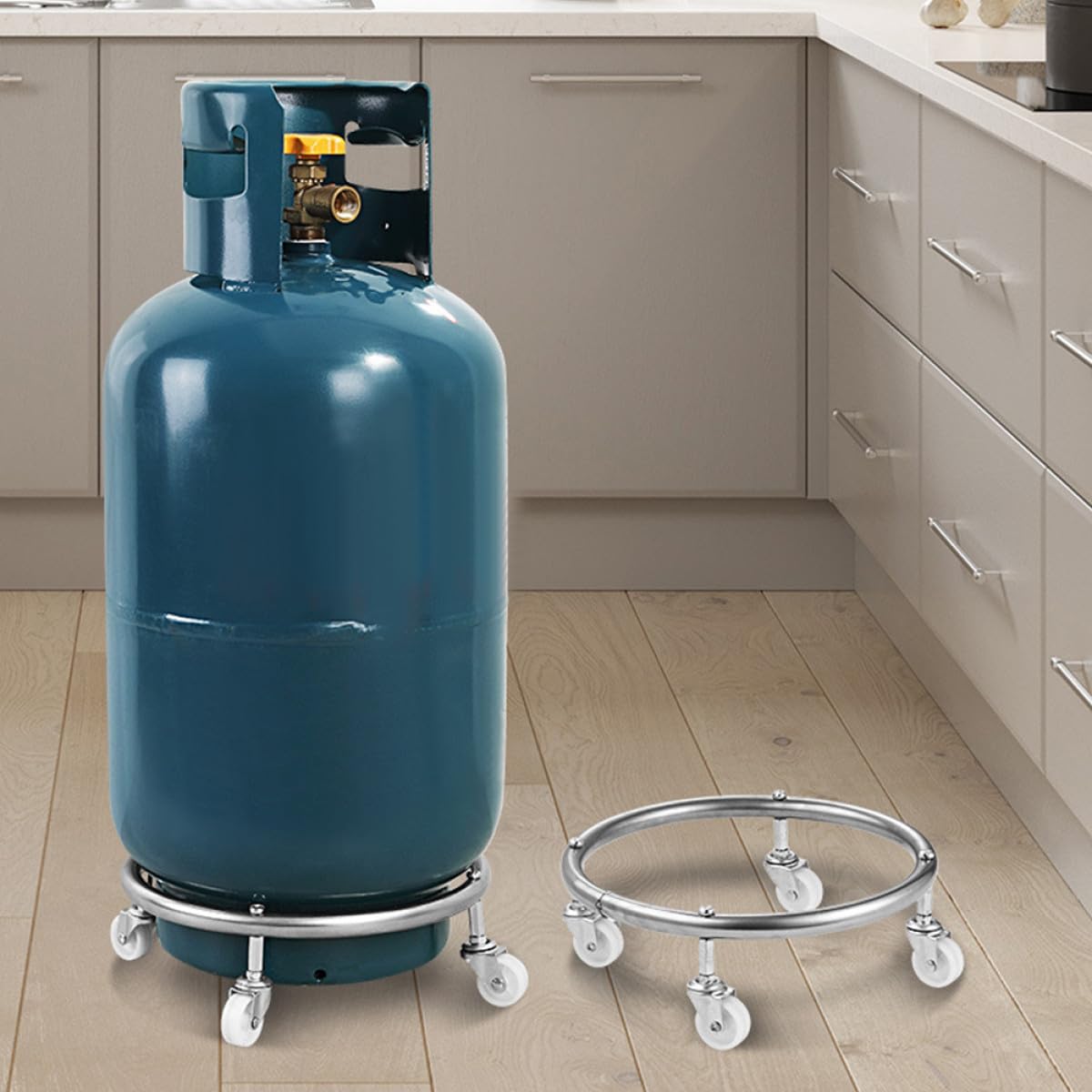 Alipis Gasflaschenhalter rutschfeste Gummiräder Edelstahl mit Rädern Mobiler Propanflaschenständer Sicherer Halt bis 30kg für Gasflaschen für Zuhause und Gastronomie
