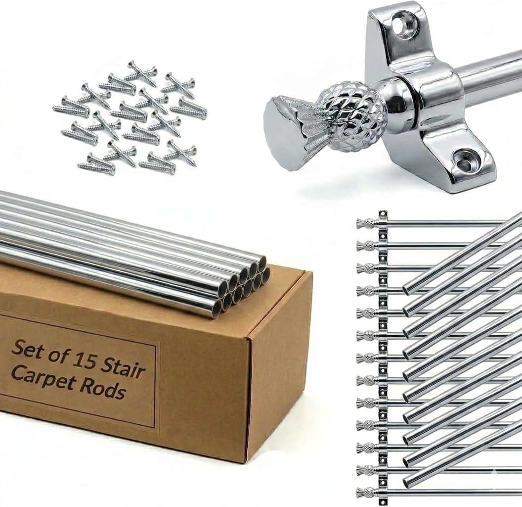 Set of 15 Stair Carpet Rods, 70cm Satin Chrome Stair Runner Rods with Thistle Finials, Heavy Duty Metal Rods, Complete with Brackets & Fixings, Suitable for Carpet Runners up to 70cm Wide