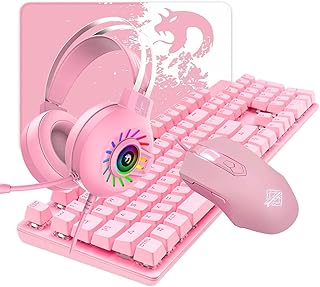 Pink 4 In 1 set Wired Mechanical Keyboard + Mouse + Headset + Mouse Pad, 104 Keys White Backlight Blue Switch Gaming Keyboard, 2500 DPI 7 Buttons RGB Backlit Mice, 3.5mm Stereo Rainbow Light Headset