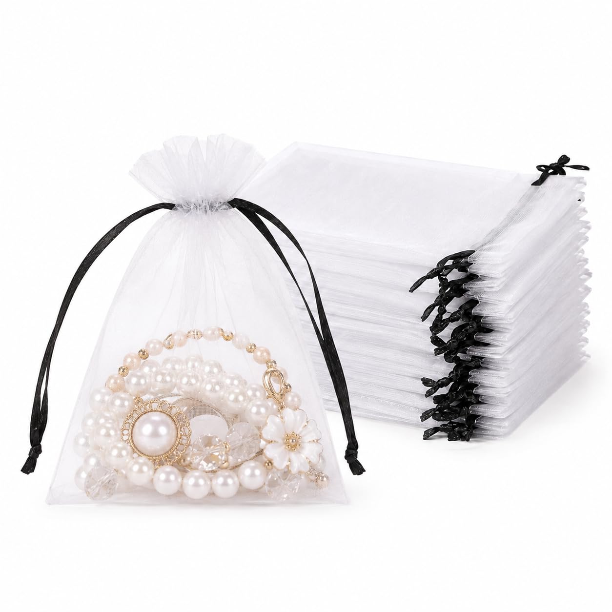 Hopttreely 50PCS White Organza Bags with Black Drawstring, 4x4.72INCH Multi-Purpose Mesh Gift &amp; Fruit Protection Bags for Wedding Favors, Jewelry, Christmas, Sachet, Easter, St. Patrick's Day, Party Supplies, Garden Plant Netting