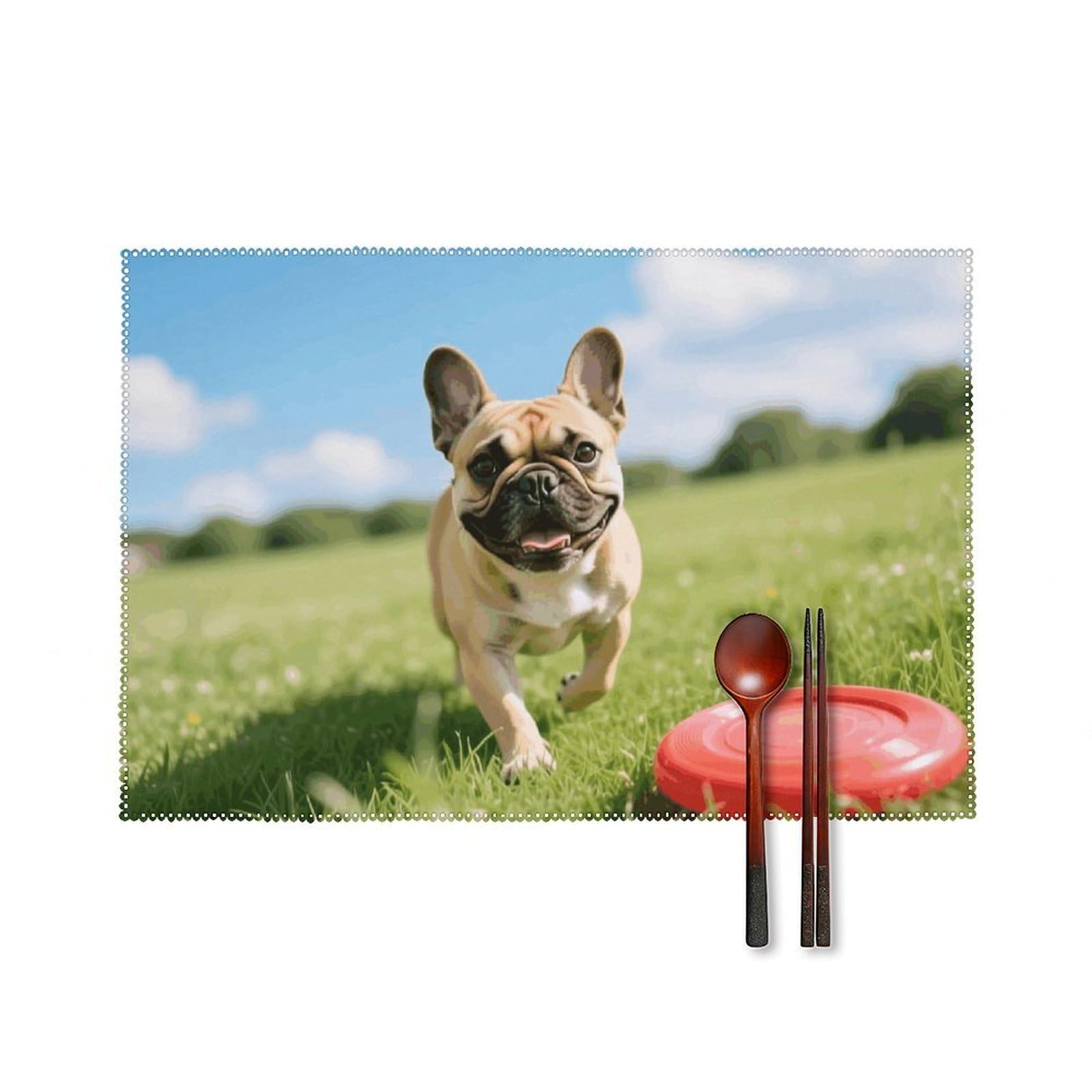 Dog French Bulldog Placemats Set of 6, 12x18 Inch Heat Resistant Washable Canvas Table Mats, Stain Resistant Decorative Dining Placemats for Kitchen, Restaurant, Outdoor Party